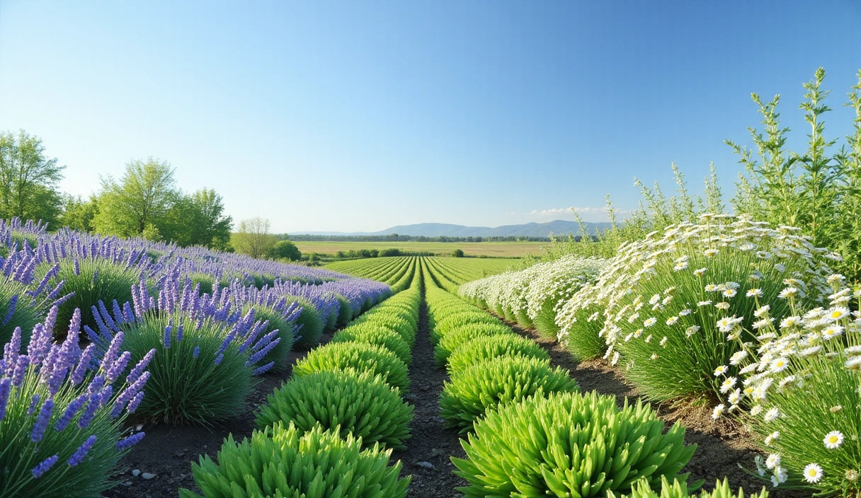 A serene field of natural botanicals under a clear sky, symbolizing the origin of Coqretellis's ingredients.