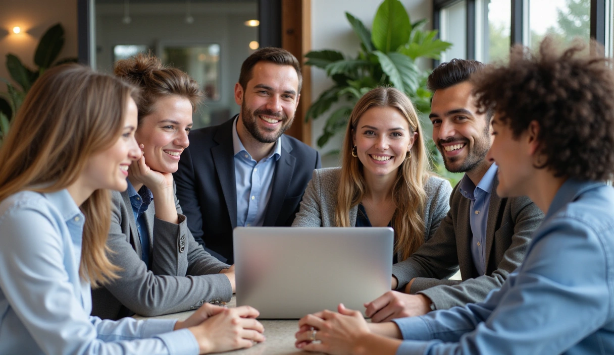 A diverse group of Coqretellis team members smiling in a bright, modern office with natural light.