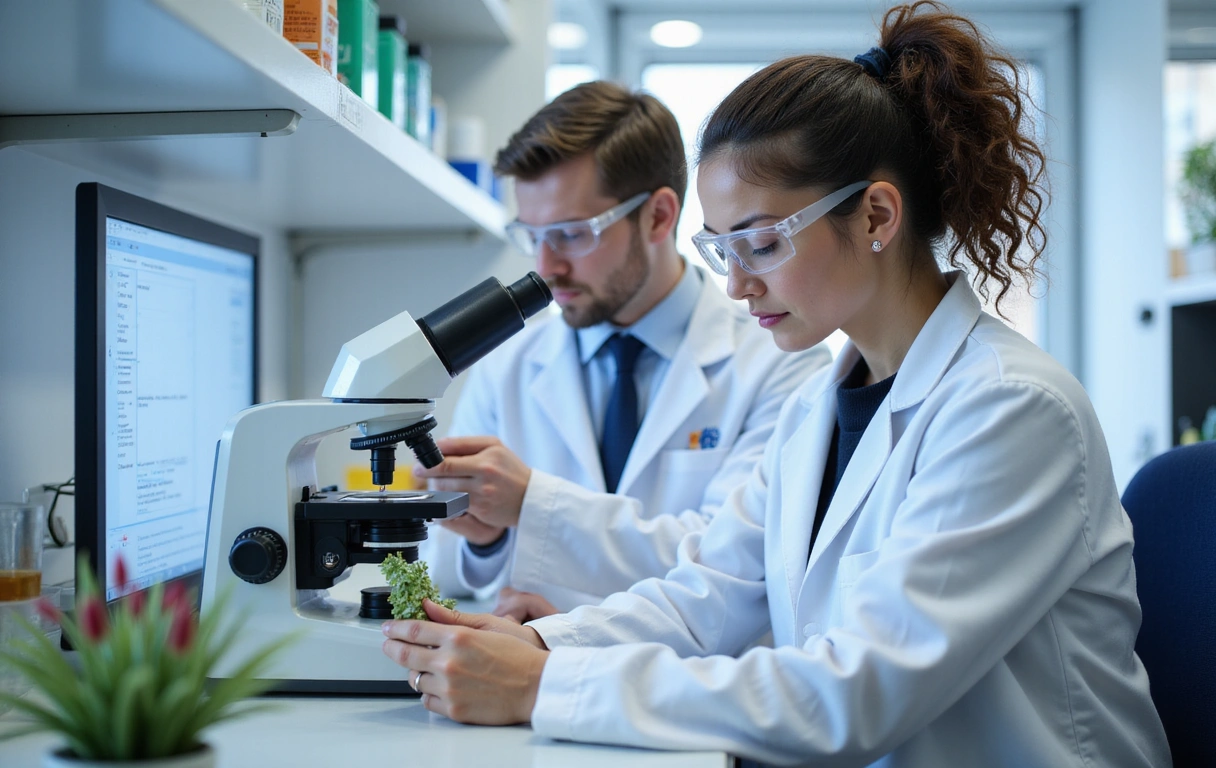 A laboratory setting with scientists in lab coats performing quality control tests on natural product samples, emphasizing precision and high standards.