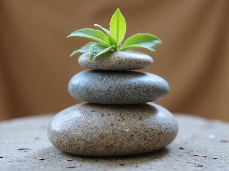 A close-up of a perfectly balanced stack of smooth, natural river stones with a single green leaf on top, representing harmony and purity.