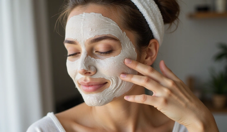 A woman applying a natural face mask, symbolizing radiant skincare routine