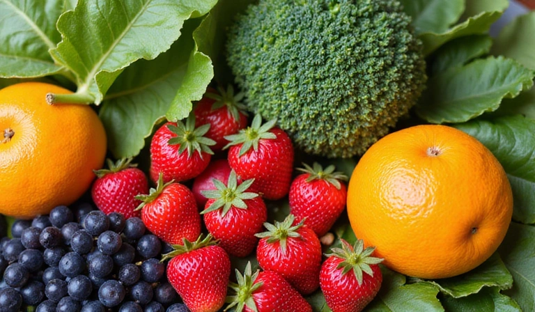 A close-up of fresh, vibrant fruits and vegetables, representing a healthy diet