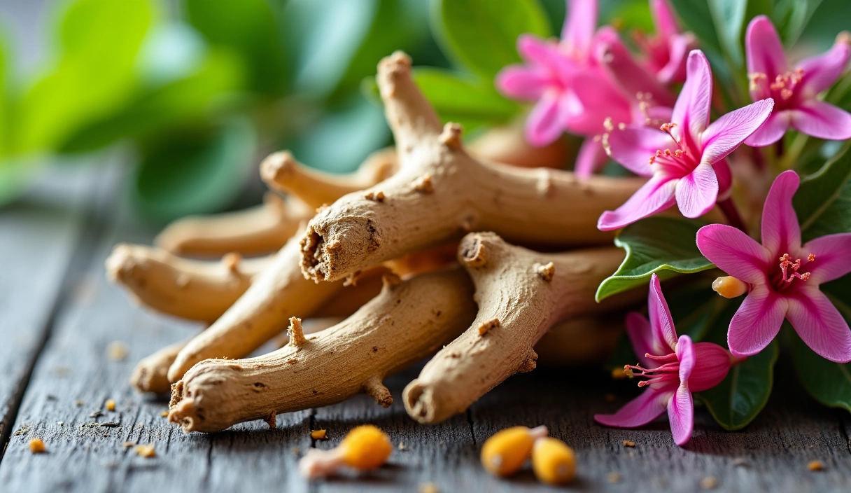 Close-up of Ashwagandha roots and Rhodiola rosea plant, symbolizing adaptogens