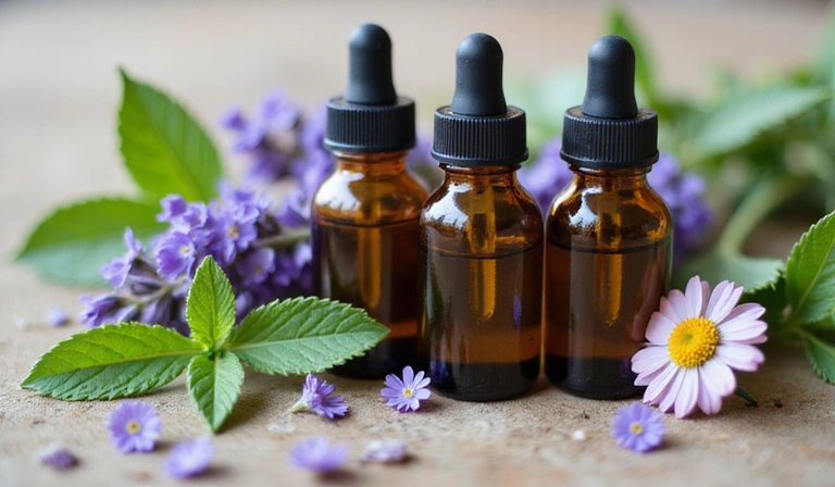 Essential oils in small bottles with botanical elements, symbolizing aromatherapy