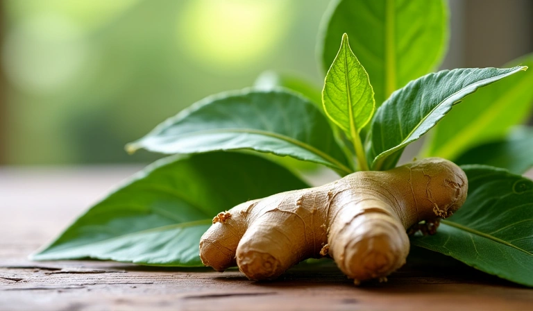 Green tea leaves and ginger root, symbolic of natural health and wellness