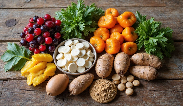 Various natural ingredients like herbs, berries, and roots, representing supplements