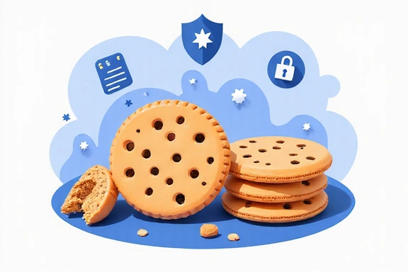 Illustration of various types of cookies, digital and edible, with privacy symbols