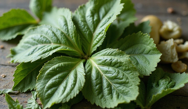 Abstract natural ingredients with a focus on green leaves and earthy tones, representing purity and health.