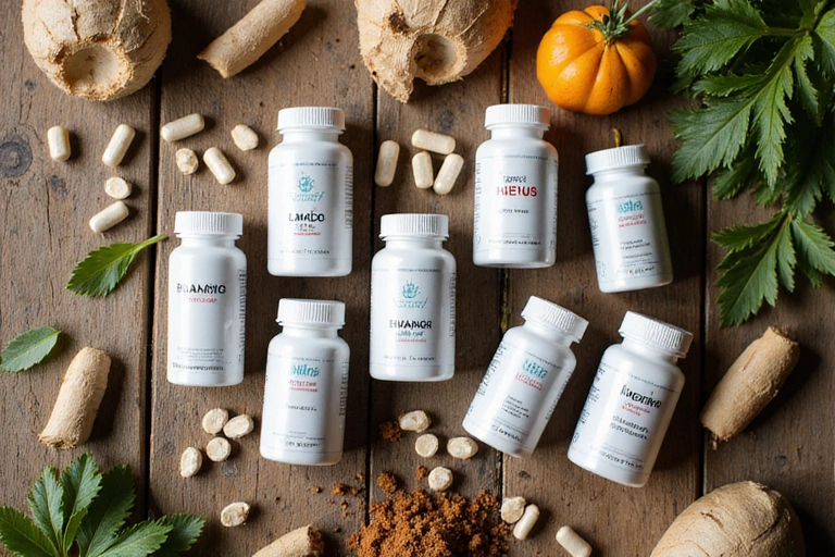 Collection of various health supplement bottles and natural ingredients