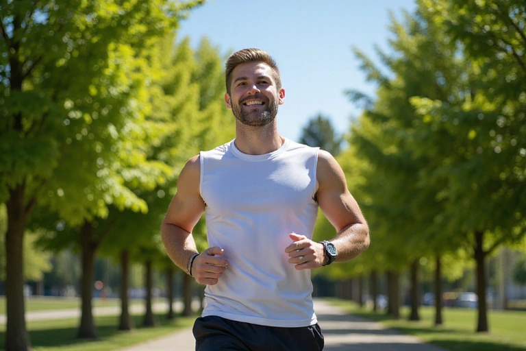 Man jogging in a park, symbolizing energy and vitality