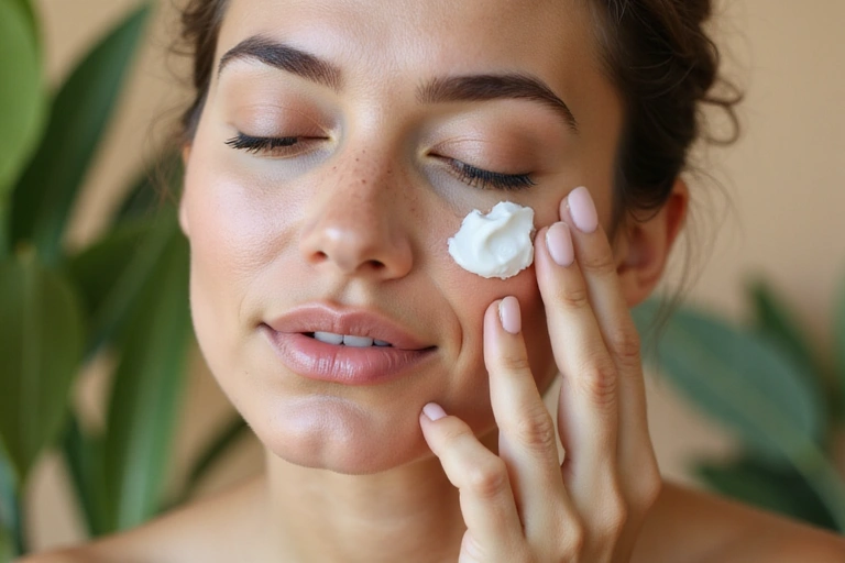 A woman applying a natural face cream with a serene expression, surrounded by green botanical elements.