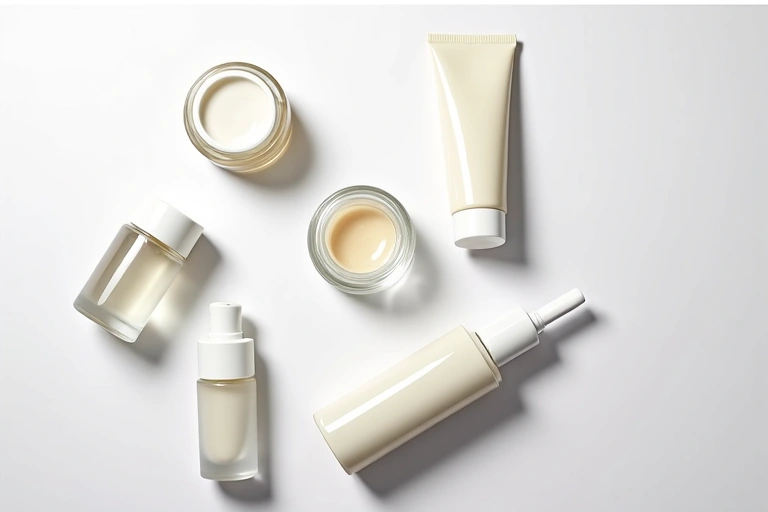 A variety of skincare products neatly arranged on a minimalist white background, including jars, bottles, and tubes.