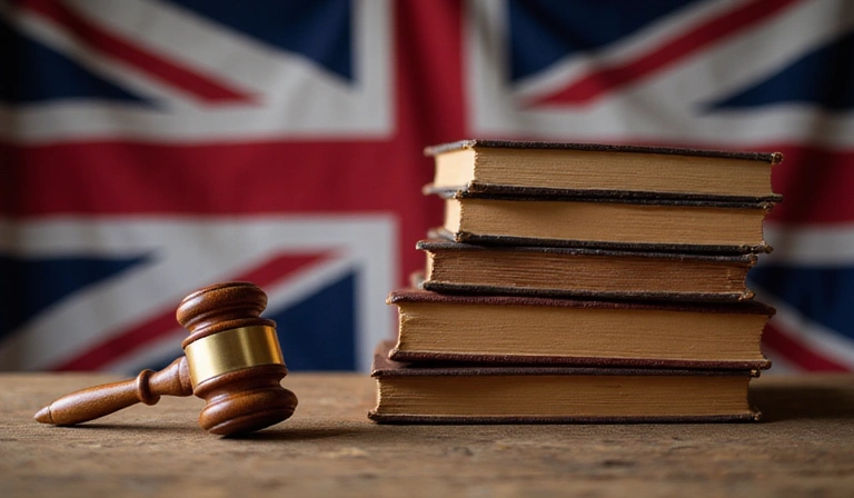A stylized image of a gavel and legal books, representing law and justice, with a subtle British flag element in the background.